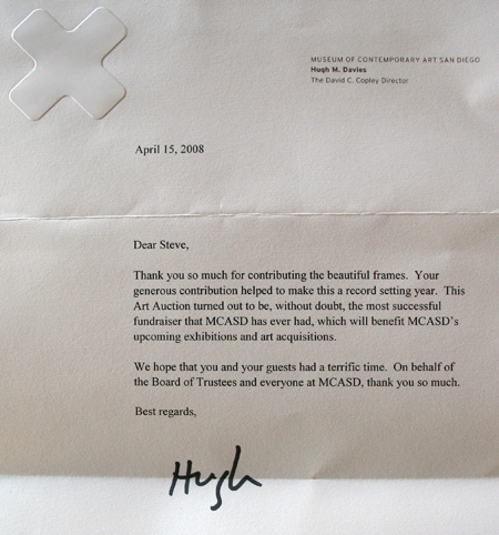 Thank You note from Hugh Davies, MCASD, to Steven Atlas of The Frame Maker